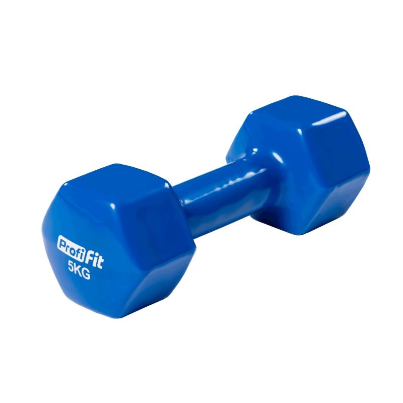 Гантель в виниловой оболочке, шестигранник PROFI-FIT 5 кг, синяя