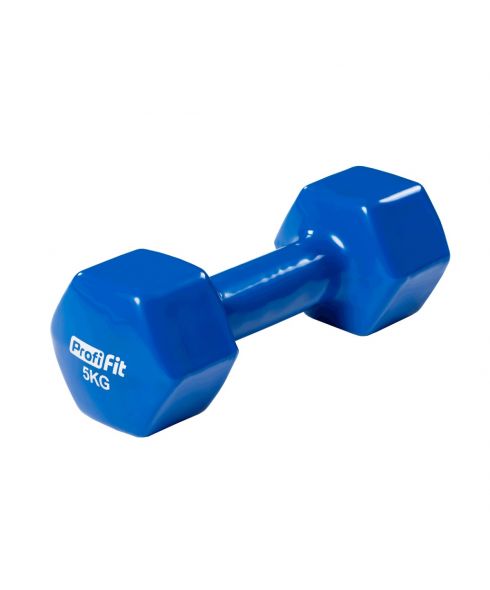 Гантель в виниловой оболочке, шестигранник PROFI-FIT 5 кг, синяя